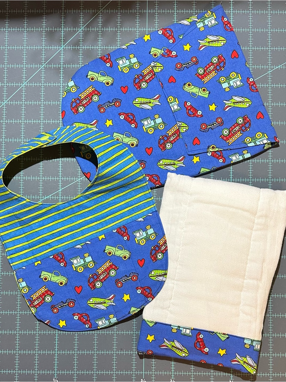 Bib - Burp Cloth - Diaper Pouch Set in Blue Cotton Fabric, Transportation Print